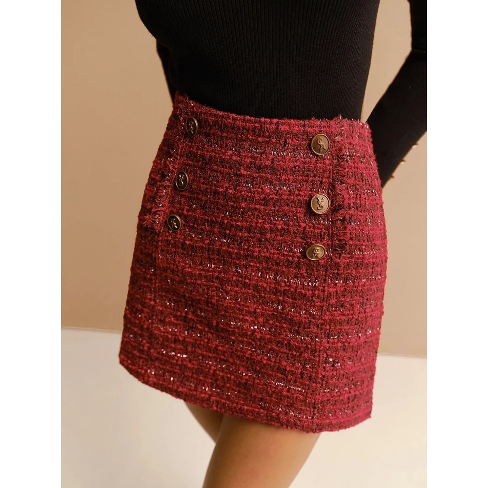 COMMENSE Red Metallic Tweed High Waist Mini Skirt Size XS - Picture 4 of 12